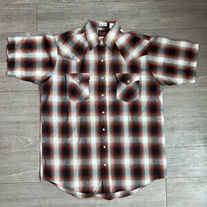 Vintage Men’s Plains Western Wear Shirt Rodeo Pearl Snaps Orange Plaid L Tall